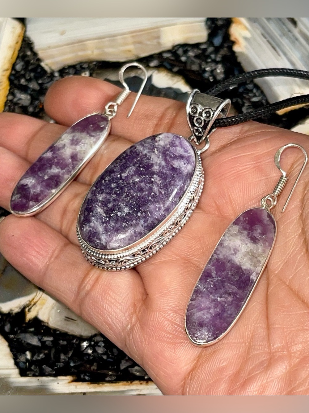“The Calming Stone” Purple Muscovite Lepidolite Crystal Pendant & Earrings Set